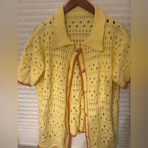 Sweaters - Yellow Crochet Cardigan with Orange Trim